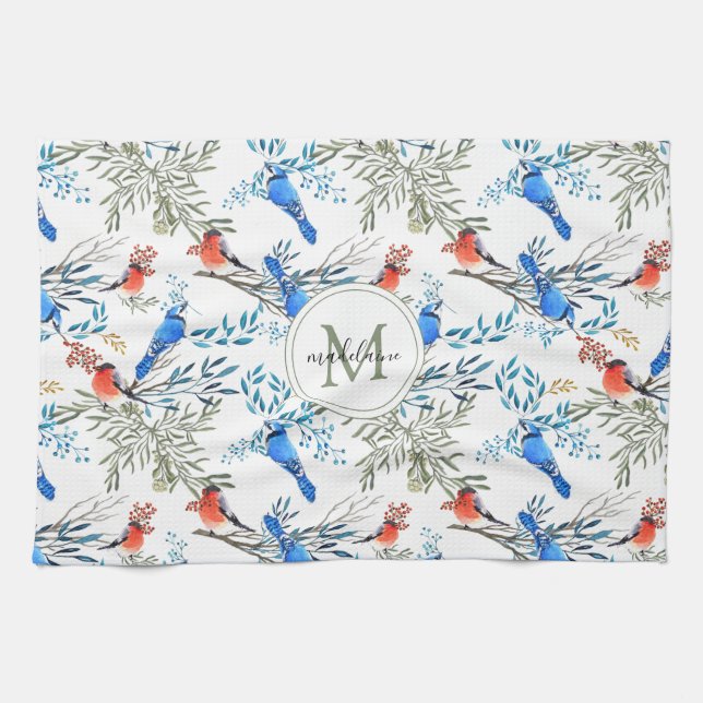 Beautiful Watercolor Birds and Foliage Pattern Kitchen Towel (Horizontal)