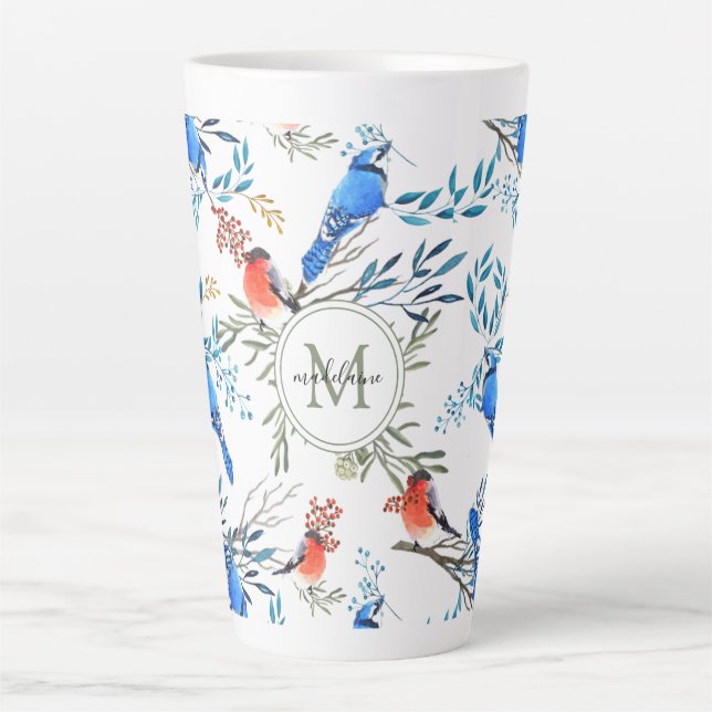 Beautiful Watercolor Birds and Foliage Pattern Latte Mug (Front)