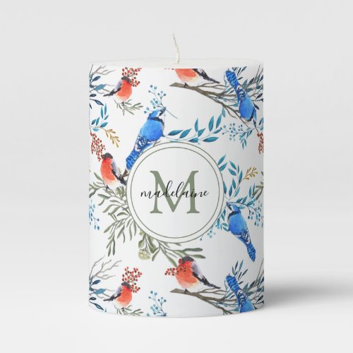 Beautiful Watercolor Birds and Foliage Pattern Pillar Candle