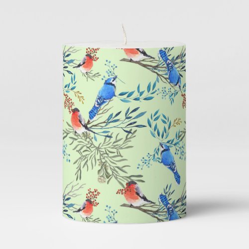 Beautiful Watercolor Birds and Foliage Pattern Pillar Candle