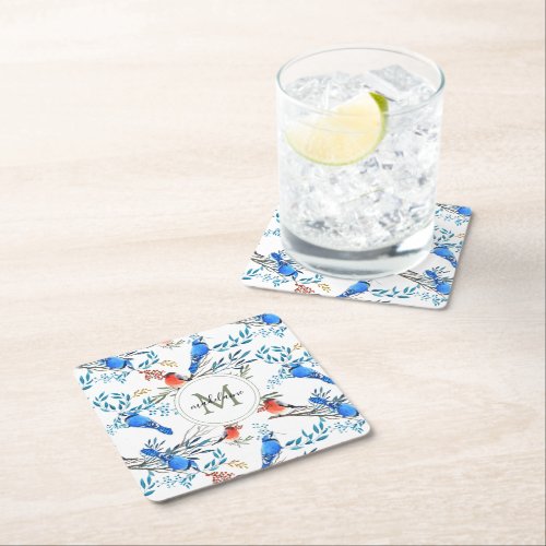 Beautiful Watercolor Birds and Foliage Pattern Square Paper Coaster