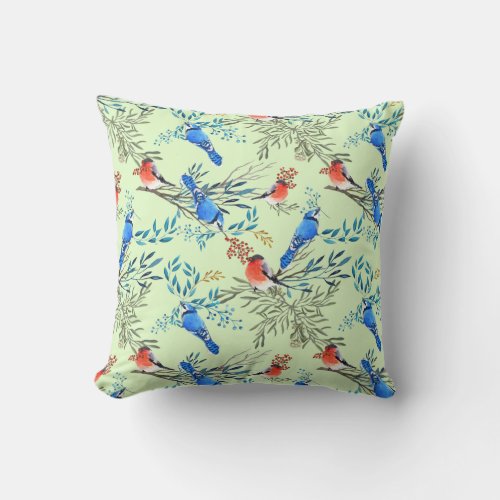Beautiful Watercolor Birds and Foliage Pattern Throw Pillow