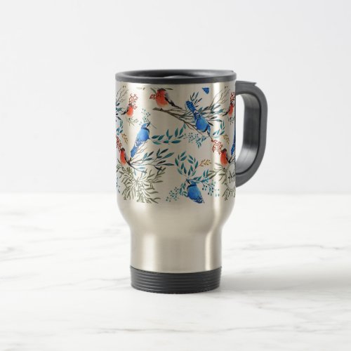 Beautiful Watercolor Birds and Foliage Pattern Travel Mug