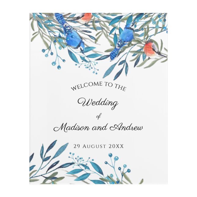 Beautiful Watercolor Birds and Foliage Wedding Acrylic Print (Front)