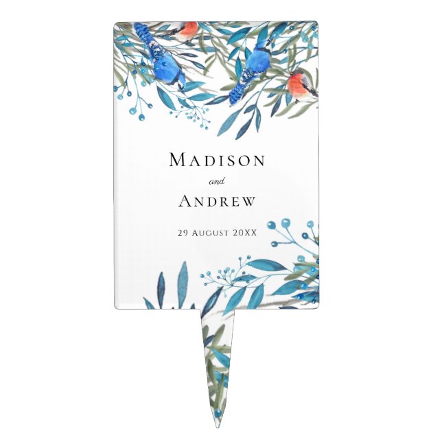 Beautiful Watercolor Birds and Foliage Wedding Cake Topper (Front)