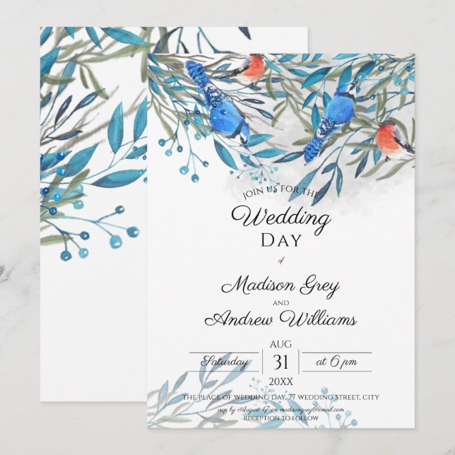 Beautiful Watercolor Birds and Foliage wedding Invitation (Front/Back)
