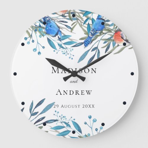 Beautiful Watercolor Birds and Foliage Wedding Large Clock