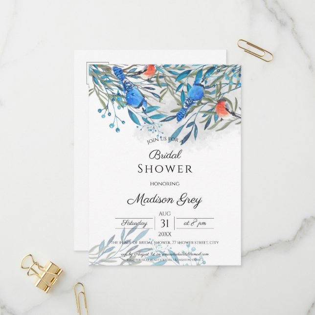 Beautiful Watercolor Birds & Foliage Bridal Shower Invitation Postcard (Front/Back In Situ)