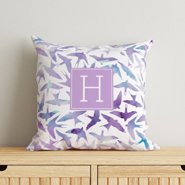 Beautiful Watercolor Birds Monogrammed Throw Pillow (Creator Uploaded)