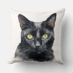 BEAUTIFUL WATERCOLOR BLACK CAT FACE THROW PILLOW