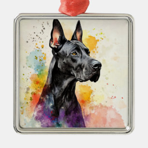 BEAUTIFUL WATERCOLOR BLACK GREAT DANE DOG METAL ORNAMENT