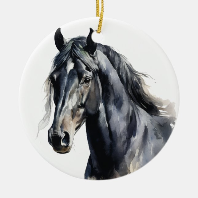 BEAUTIFUL WATERCOLOR BLACK HORSE CERAMIC ORNAMENT (Front)