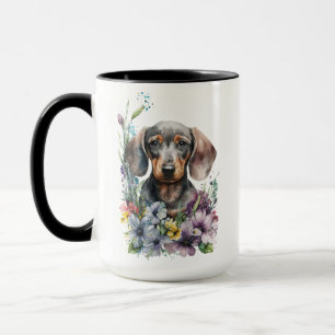 BEAUTIFUL WATERCOLOR BLACK & TAN DACHSHUND DOG MUG