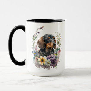 BEAUTIFUL WATERCOLOR BLACK & TAN DACHSHUND DOG MUG