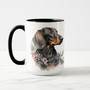 BEAUTIFUL WATERCOLOR BLACK & TAN DACHSHUND DOG MUG