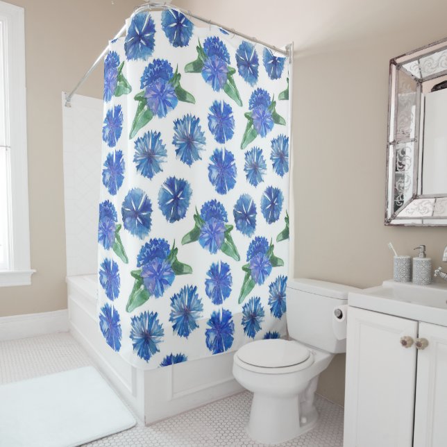 Beautiful watercolor blue cornflowers shower curtain (In Situ)