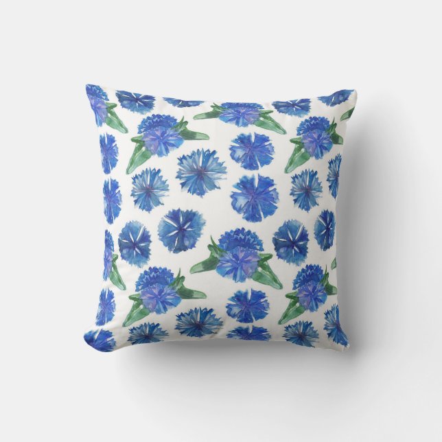 Beautiful watercolor blue cornflowers throw pillow (Front)
