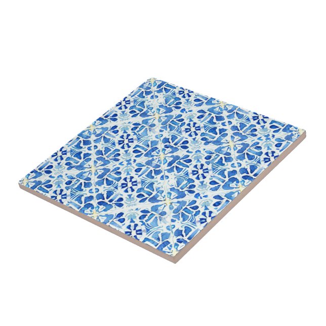 Beautiful watercolor blue offwhite pale yellow ceramic tile (Side)