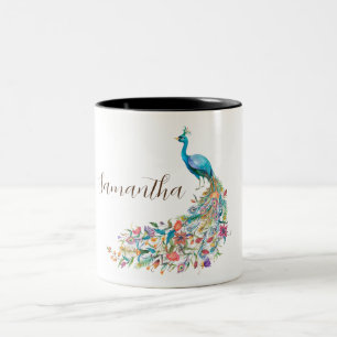 Beautiful watercolor blue peacock I Two-Tone Coffee Mug