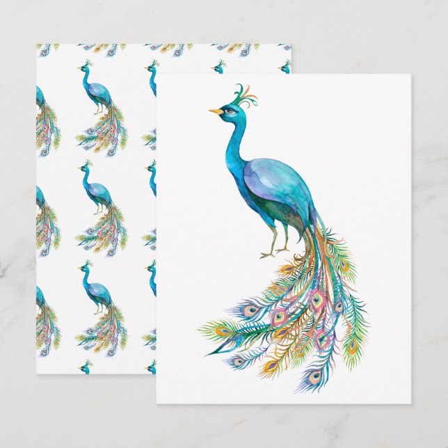 Beautiful watercolor blue peacock illustration note card (Front/Back)