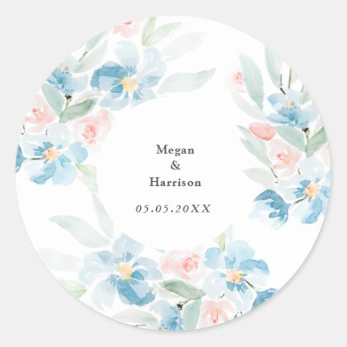 Beautiful watercolor blush roses and blue flowers classic round sticker