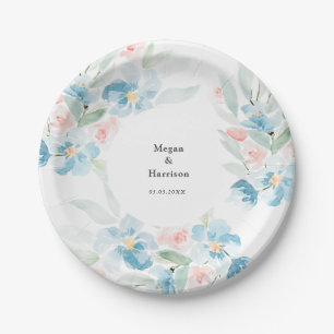 Beautiful watercolor blush roses and blue flowers  paper plates