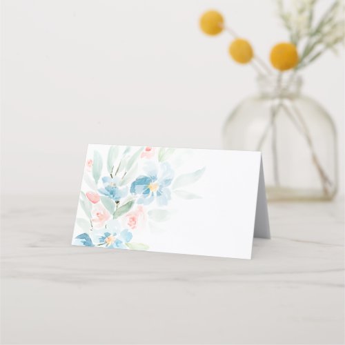 Beautiful watercolor blush roses and blue flowers  place card