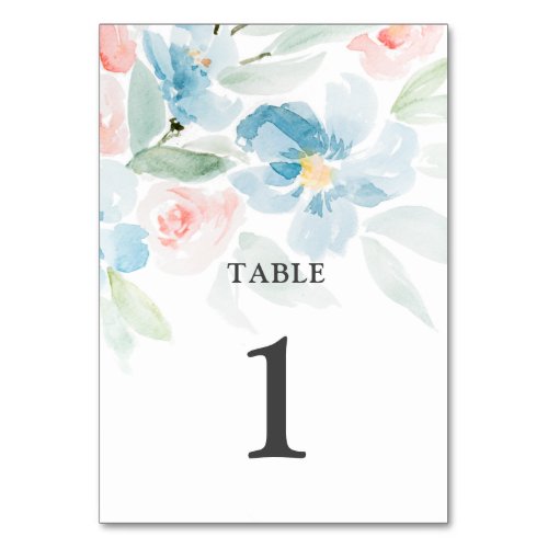 Beautiful watercolor blush roses and blue flowers  table number