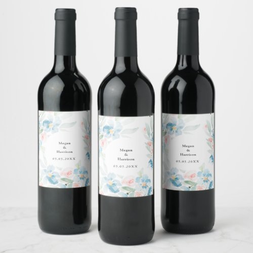 Beautiful watercolor blush roses and blue flowers  wine label