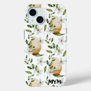 Beautiful Watercolor Botanical Florals + Monogram iPhone 15 Case
