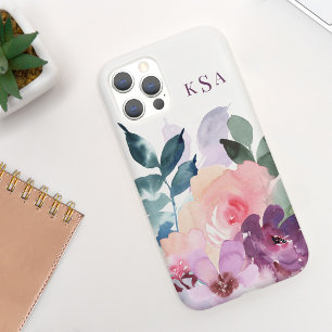 Beautiful Watercolor Botanical Florals + Monogram iPhone 14 Case