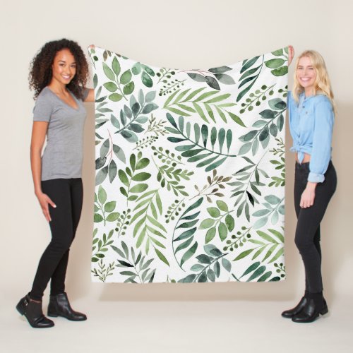 Beautiful Watercolor Botanical Leaves Pattern Fleece Blanket