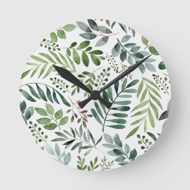 Beautiful Watercolor Botanical Leaves  Round Clock (Front)