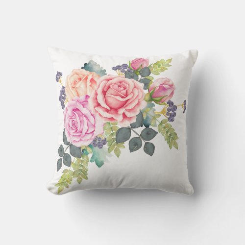 Beautiful Watercolor Bouquet of Pink Peach Roses 2 Throw Pillow