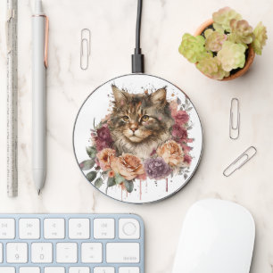 BEAUTIFUL WATERCOLOR BROWN MAINE COON CAT WIRELESS CHARGER
