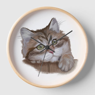 BEAUTIFUL WATERCOLOR BROWN WHITE TABBY CAT FACE CLOCK