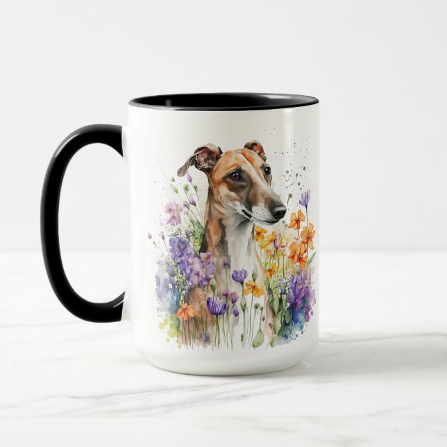 BEAUTIFUL WATERCOLOR BROWN WHITE WHIPPET FACE MUG (Left)