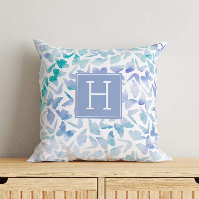 Beautiful Watercolor Butterflies Monogrammed Throw Pillow (Creator Uploaded)