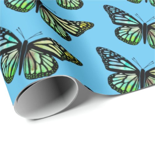 Beautiful Watercolor Butterflies Pattern Blue Gold Wrapping Paper