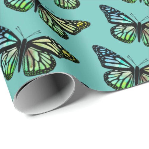 Beautiful Watercolor Butterflies Pattern Gree Gold Wrapping Paper