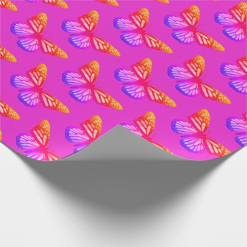 Beautiful Watercolor Butterflies Pattern Hot Pink Wrapping Paper