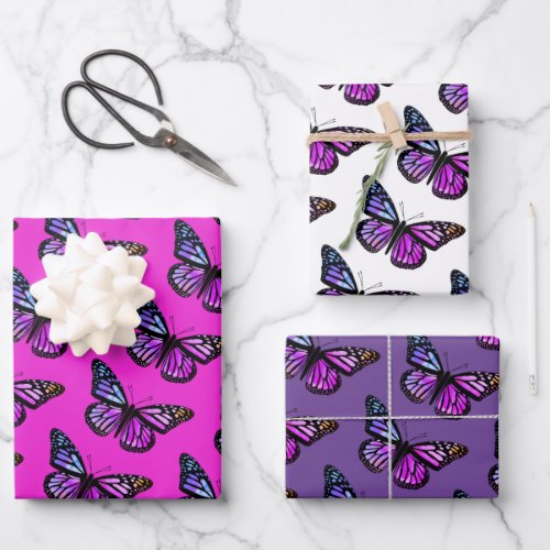 Beautiful Watercolor Butterflies Pattern Hot Pink Wrapping Paper Sheets