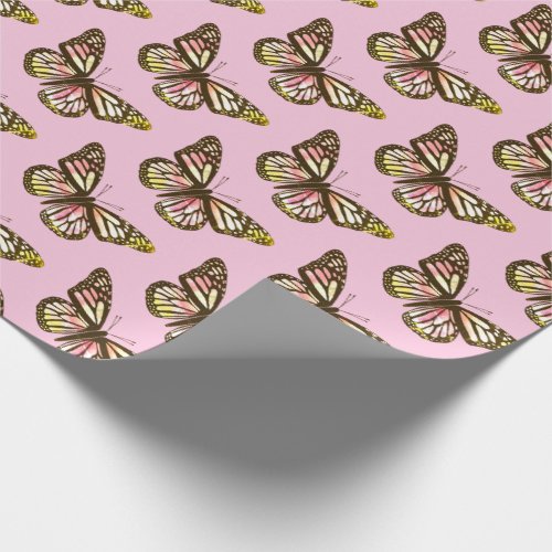 Beautiful Watercolor Butterflies Pattern Pink Gold Wrapping Paper