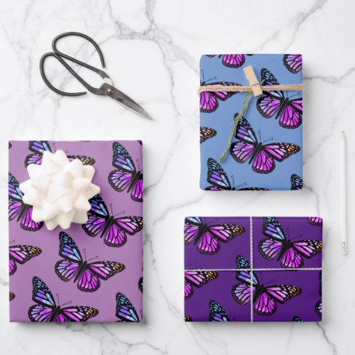 Beautiful Watercolor Butterflies Pattern Purple Wrapping Paper Sheets