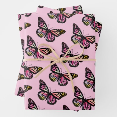 Beautiful Watercolor Butterflies Pattern Soft Pink Wrapping Paper Sheets