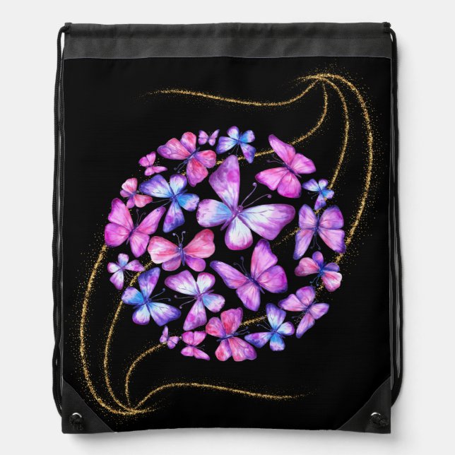 Beautiful Watercolor Butterflies with Gold Bling Drawstring Bag (Front)