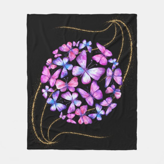 Beautiful Watercolor Butterflies with Gold Bling Fleece Blanket (Front)