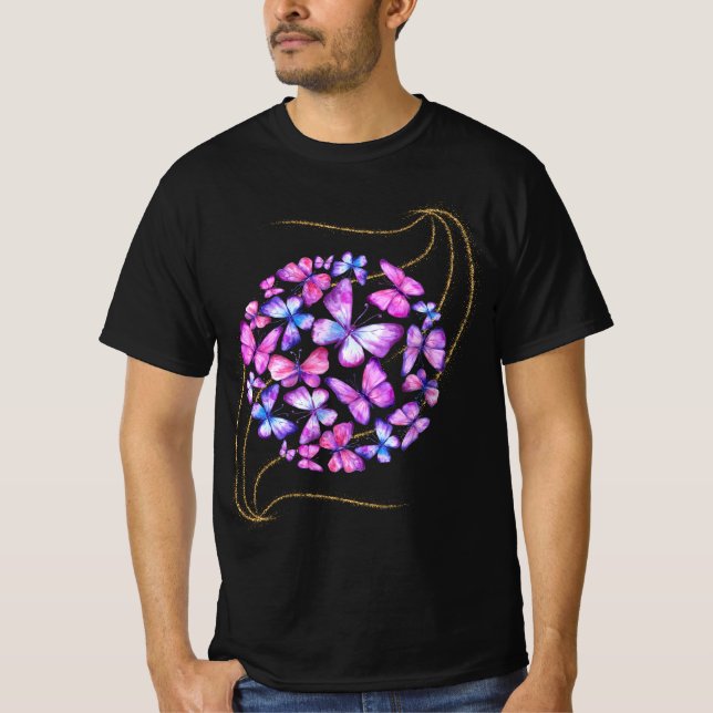 Beautiful Watercolor Butterflies with Gold Bling T-Shirt (Front)