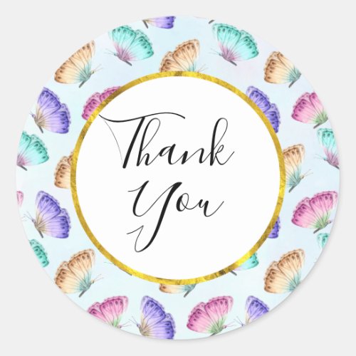 Beautiful Watercolor Butterfly Pattern Thank You Classic Round Sticker