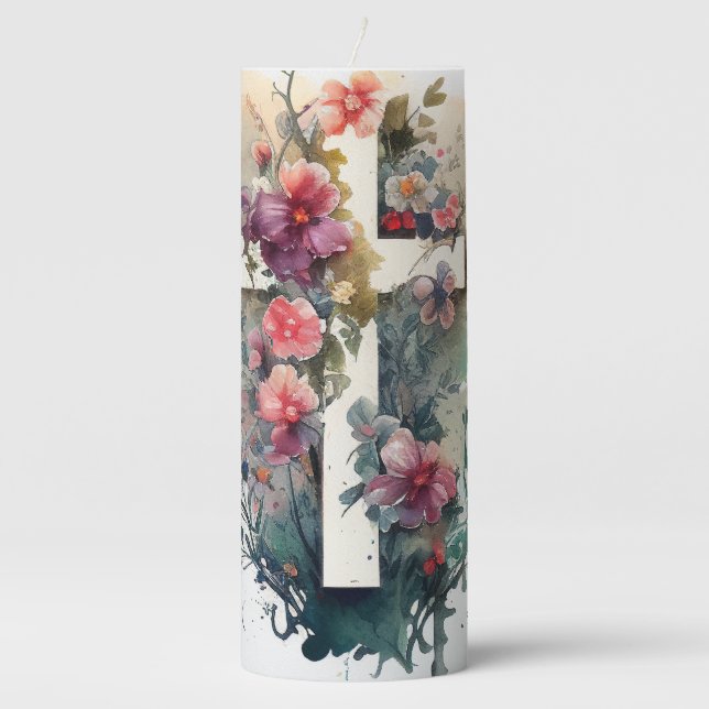 Beautiful Watercolor Christian Easter Cross Pillar Candle (Front)